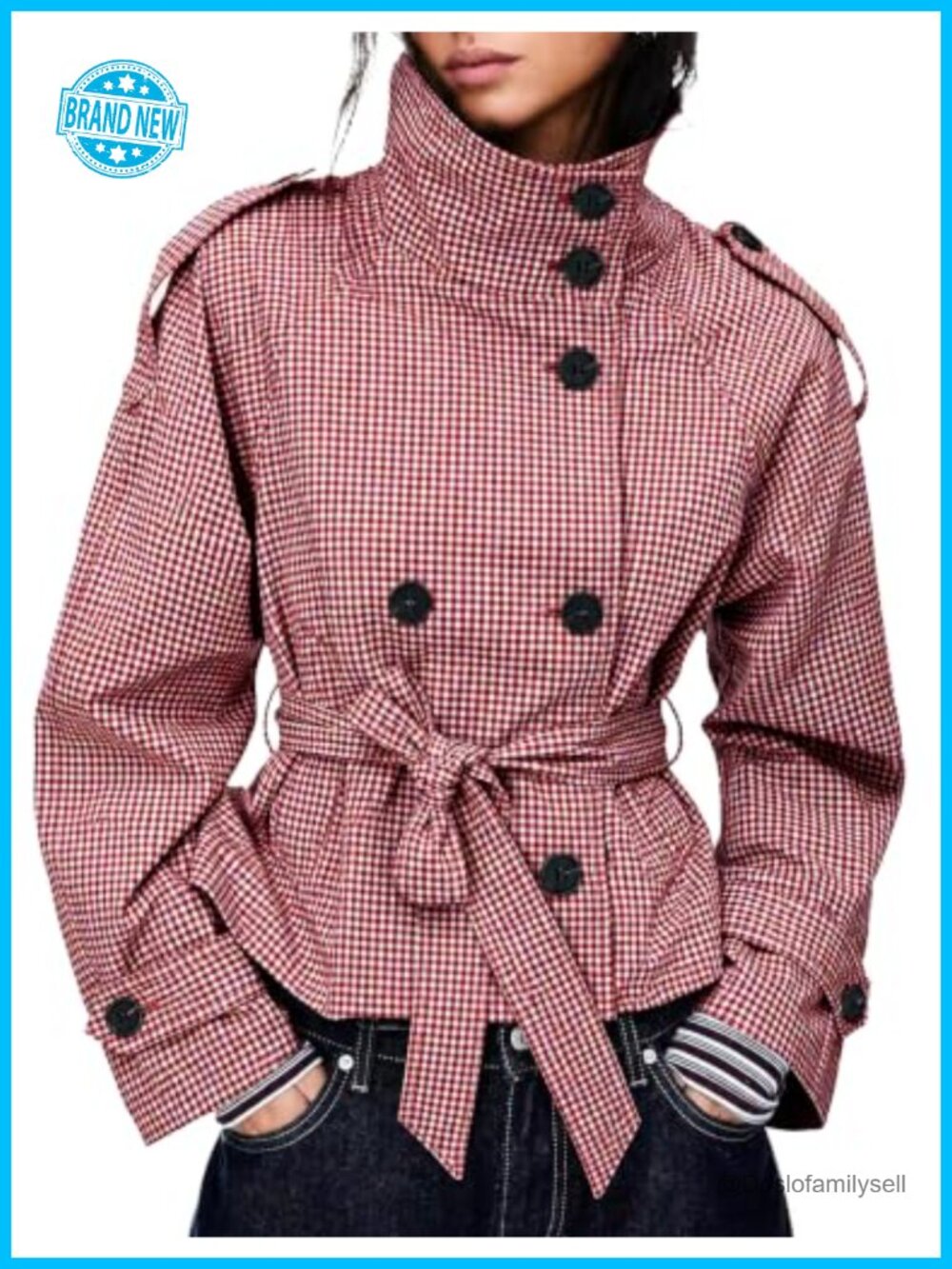 Gingham Trench Coat Double Breasted Short Jacket Belted Plaid